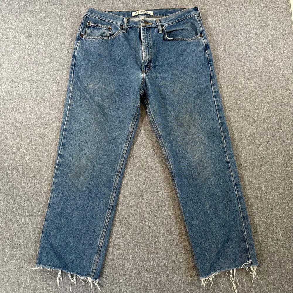 Lee Regular Fit Mens Jeans Medium Wash Raw Hem Straight Leg 36x32